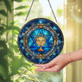 Menorah and Star of David Stained Glass Suncatcher, Round Jewish Hanukkah Window Panel, Judaica Home Decor, Festival of Lights Gift